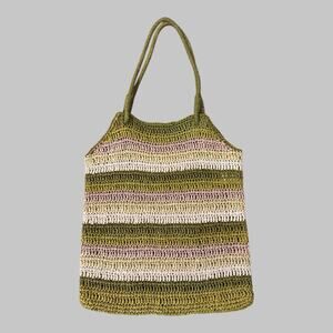 J Crew Y2K Woven Paper Shoulder Sack Purse Bag Olive Beige Mauve Beachy Coastal